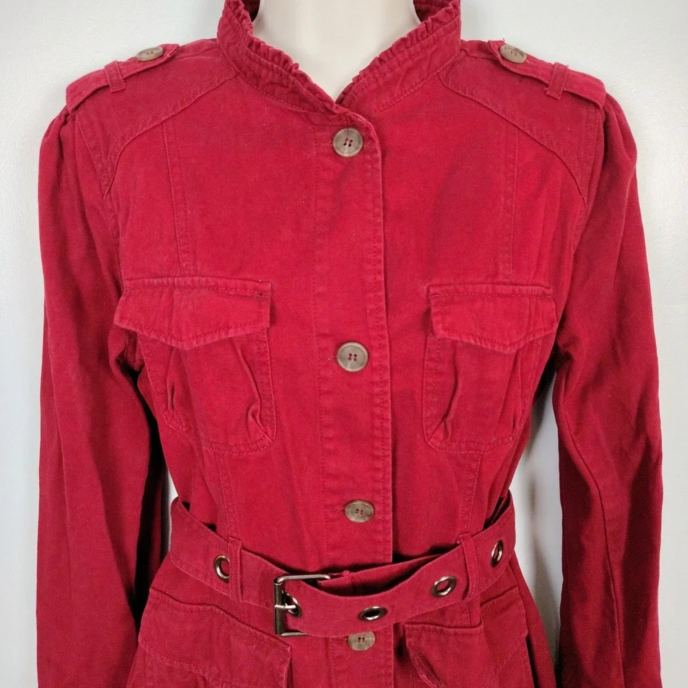 Converse One Star Red Cotton Utility Field Jacket Ruffle Neck Belted Womens L - Picture 3 of 10